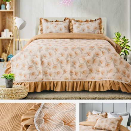 Burly Wood Printed Quilted Bedcover With Frill On The Three Bedside