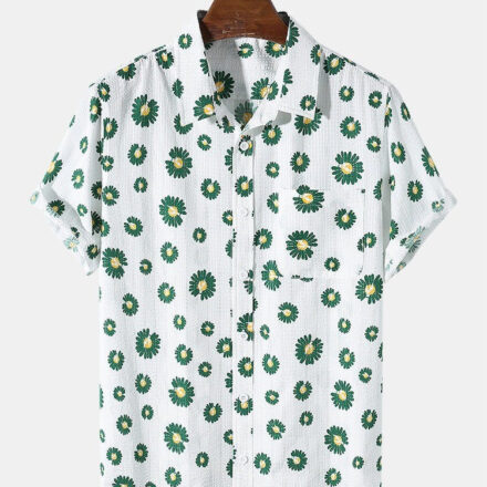 Men’s Casual Wear Green Flower Printed Cotton Shirt
