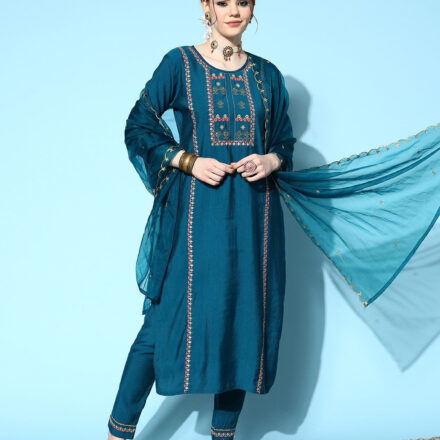 Petrol Party Wear Embroidery Worked Kurta With Pant And Dupatta Set