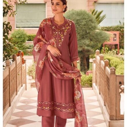 Peach Party Wear Embroidery Worked Kurta With Pant And Duppata Set