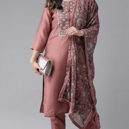 Peach Party Wear Embroidery Worked Kurta With Pant And Dupatta Set