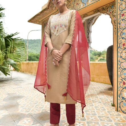 Chiku Party Wear Embroidery Worked Kurta With Pant And Dupatta Set