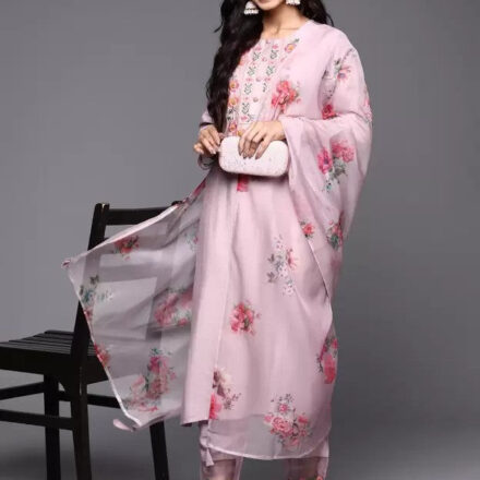 Pink Party Wear Embroidery Worked Kurta With Pant And Dupatta Set