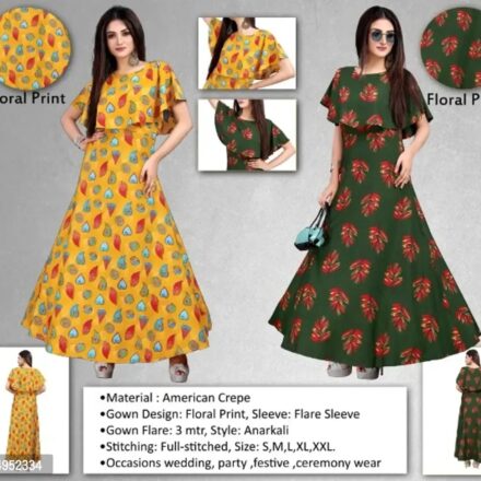 Multicoloured Crepe Floral Print Ethnic Gowns For Women