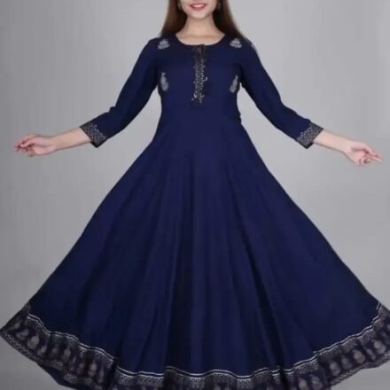 Navy Blue Rayon Printed Ethnic Gowns For Women