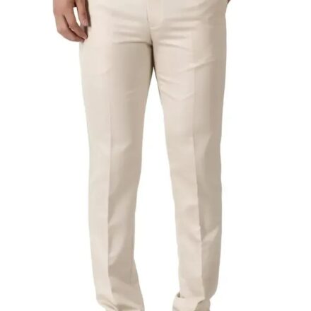 Beige Cotton Blend Mid Rise Casual Trousers For Men
